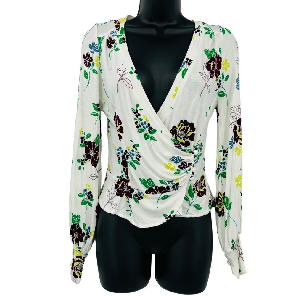 Free People Saturday Night Floral Wrap Top Womens XS Puff Sleeve Crop Retro